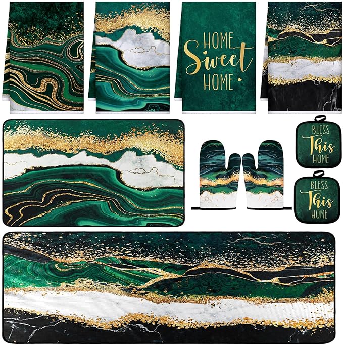 Fourluoo 10 Pcs Kitchen Dish Towels Rugs Oven Mitts and Pot Holders Kit Farmhouse Kitchen Decor Set Gloves Vintage Potholders for Baking Cooking Chef(Green,Modern)