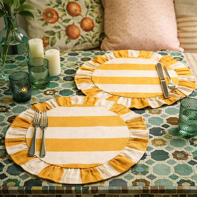 4 Pcs 15 Inch 100% Cotton Scalloped Round Placemats, Thin Yellow & White Stripes Place Mats with Ruffle, Washable Placemats Table Mats for Kitchen Dining Holiday Gatherings Decor