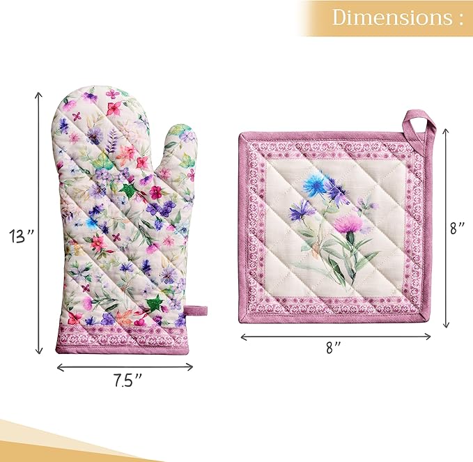 Maison d' Hermine 100% Cotton Oven Mitt & Pot Holder Set (7.5"x13" & 8"x8") Heat Resistant BBQ Cooking Gloves with Loop Baking Grilling Kitchen Gifts for Mothers Day Spring/Summer (Chardon)