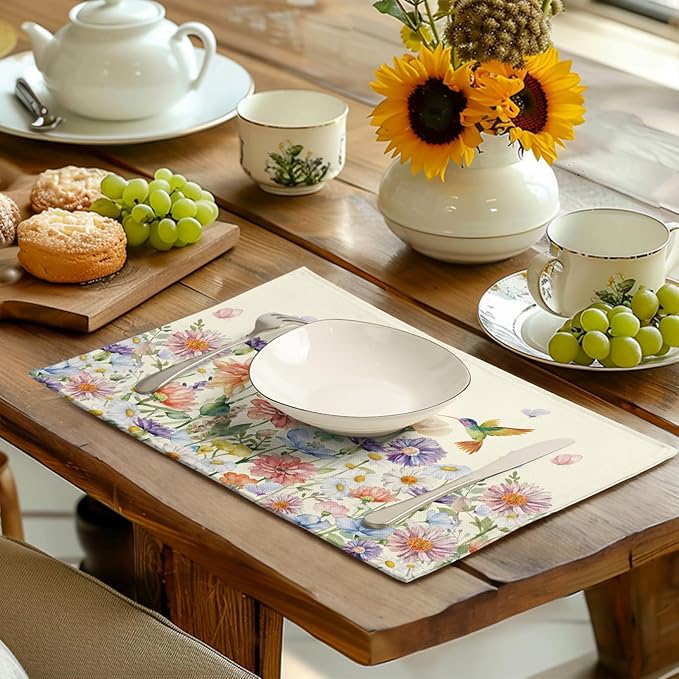Flowers Bird Spring Summer Placemats Set of 4 Watercolor Floral Hummingbird Butterfly Place Mats 12x18 Inch Wildflowers Grass Seasonal Farmhouse Linen Table Mat for Kitchen Dining Decor