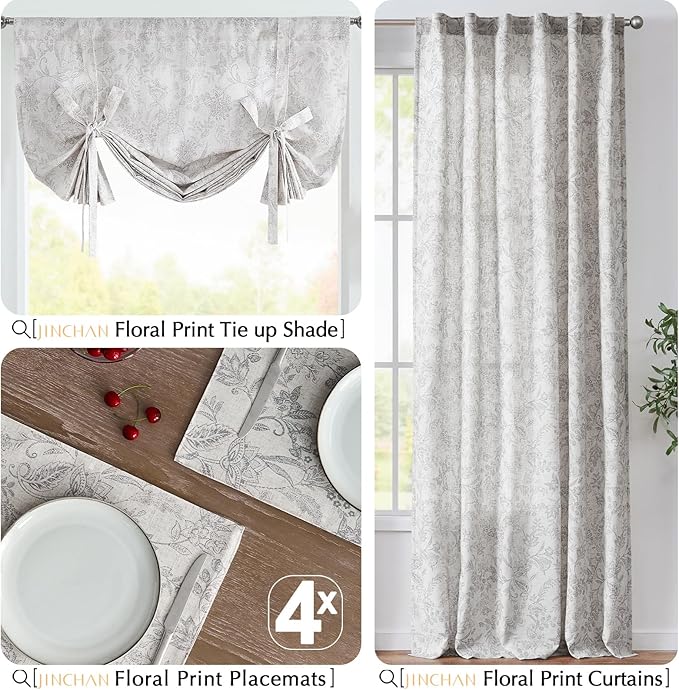 JINCHAN Linen Floral Placemats Set of 4 Cloth Table Mats Rustic Cottagecore Botanical Outdoor Seasonal for Kitchen Dining Table Decor Non-Slip Washable Tablemats 13x19 Inch Grey