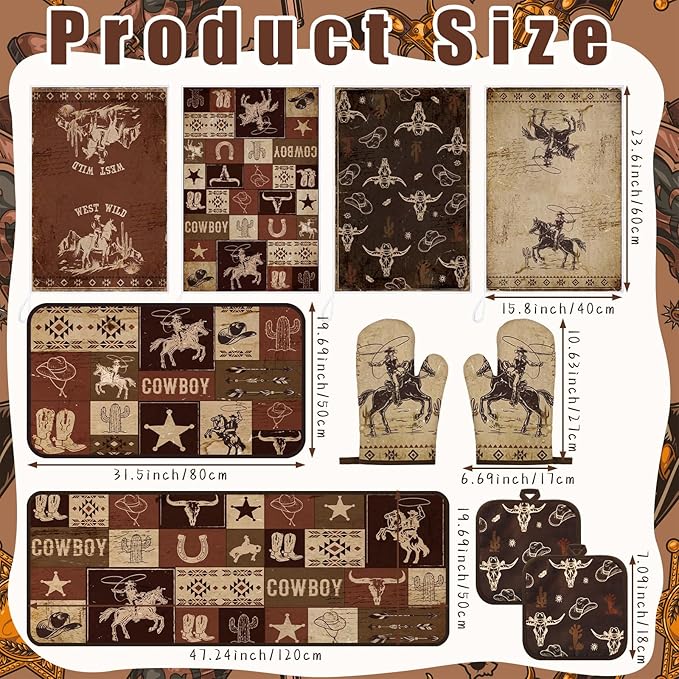 Fourluoo 10 Pcs Western Cowboy Kitchen Decor Brown Oven Mitts and Pot Holders Kit Western Cowboy Kitchen Accessories Vintage Dish Towels Farmhouse Rugs Mats for Home Cooking Baking Housewarming Gifts