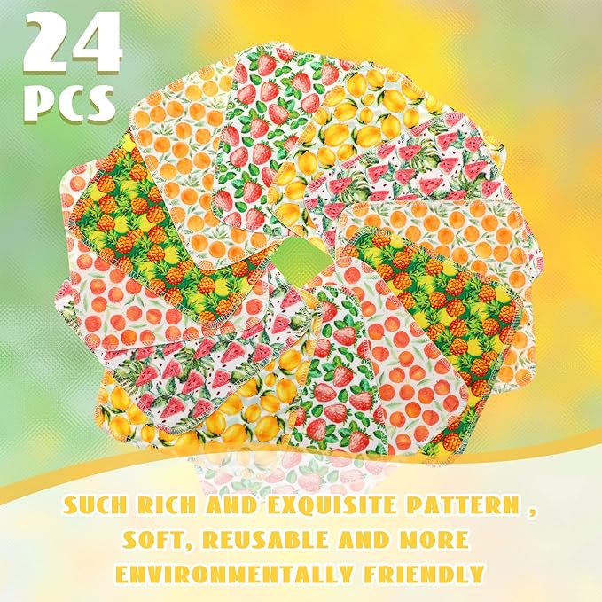 Kinlop 24 Pcs Spring Easter Lunchbox Cloth Napkins Bulk Reusable 2 Ply 8" x 8" Fruit Flannel Style Wipes Washable Soft Cotton Sturdy Absorbent Cloth Placemats for Dining Summer Home Party