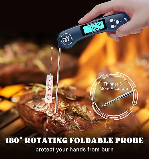 DOQAUS Digital Meat Thermometer, Instant Read Food Thermometer for Cooking with Backlit & Auto-Rotating Display, 4.6” Probe for Grilling, Baking, and Perfect BBQ - Blue