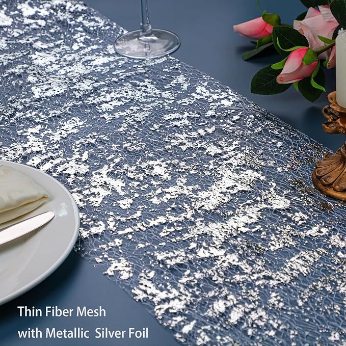 Snowkingdom Glitter Metallic Silver Table Runner 11 Inch x 32 Feet Thin Mesh Sparkle Runner Roll Silver Table Decorations for Wedding Bridal Shower, Baby Shower, Christmas, Birthday Party （1PC）