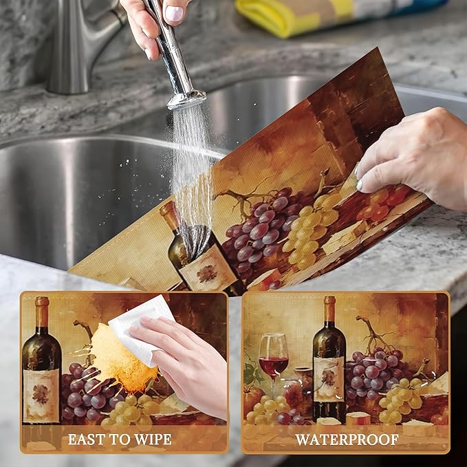 Placemats Set of 6,Retro Wine Bottles Glasses and Grapes Linen Place Mats,Modern Washable Table Placemats 12"x18" Heat Resistant Table Mats for Dining Kitchen Party Holiday Decoration