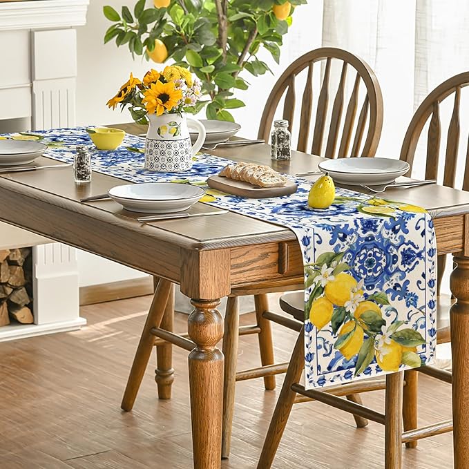 Artoid Mode Lemon Blue and White Porcelain 210 GSM Summer Table Runner, Seasonal Spring Kitchen Dining Table Decoration for Home Party Decor 13x120 Inch