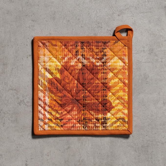 Maison d' Hermine Pot Holders 100% Cotton Heat Resistant Potholders 8" x 8" Hot Pads with Loop for Thanksgiving Christmas Decorations BBQ Cooking Handling Hot Pans (Pack of 1, Thanksgiving Tartan)