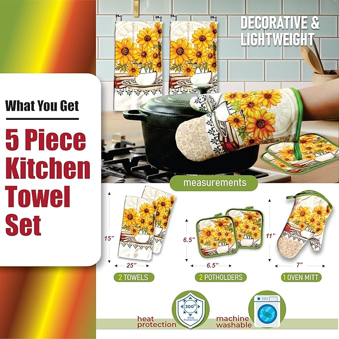 Lobyn Value Packs: Bright Sunflower5 Piece Kitchen Towel Set with 2 Decorative Dish Towels (25 X15), 1 Oven Mitt (11 X 7) and 2 Potholders (6.5 X 6.5)