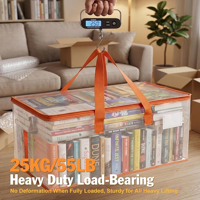 KYODOLED Clear Moving Bags with Orange Handles, 2-Pack Heavy Duty Storage Totes for Clothes & Bedding, Extra Large 27"x14"x15" (24 Gal), Foldable Transparent Moving Supplies with Label Pocket