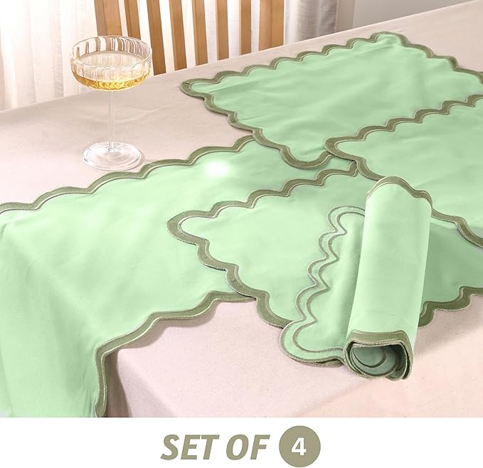 Folkulture Placemats Set of 4 (13 x 19) |100% Cotton, Green Cute Placemats for Dining Table Decor, Party Decorations | Scalloped Place Mats or Heat Resistant Table Mats