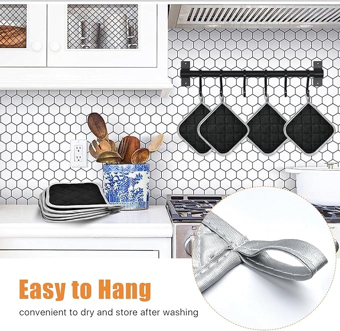 24 Pcs Pot Holders Bulk for Kitchen Heat Resistant, 7X 7Inch Cotton Potholders with Hanging Loops Square Hot Pads Oven Pot Holder Trivet for Cooking Baking（Black