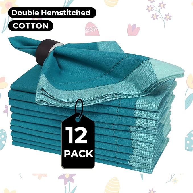 Homidate Cotton Cloth Dinner Napkins Set of 12 – 20x20 Teal Multi Double Hemstitched – Machine Washable Reusable Fabric Napkins for Weddings & Dinner Tables