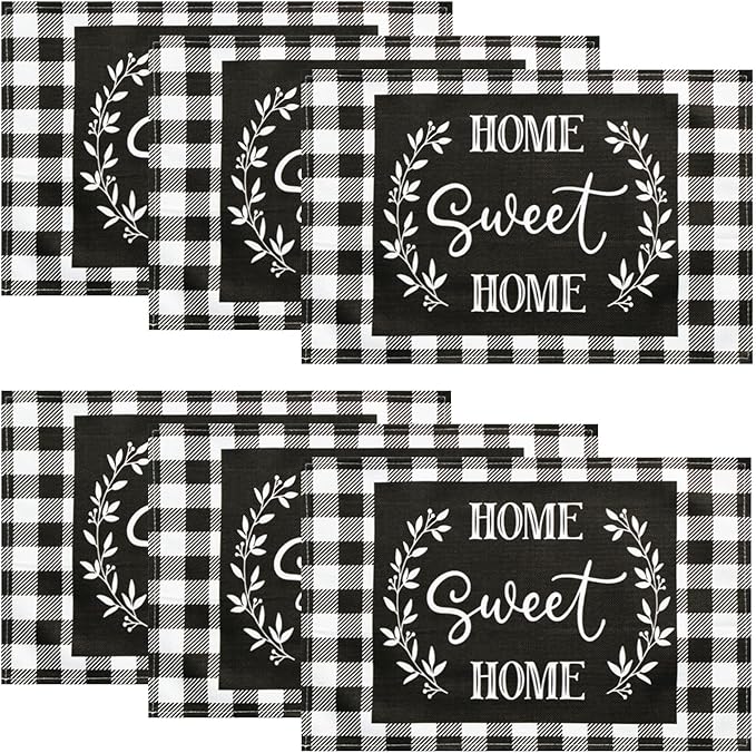 Buffalo Plaid Placemats Set of 6 Black and White Checkered Place Mats Rustic Cloth Table Mats - Linen Washable Wipeable Heat Resistant Placemats for Dining Table Kitchen Coffee Dinner