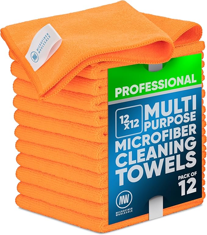 MW PRO Microfiber Cleaning Cloths Orange (12 Pack, 12x12) - Commercial Janitorial Towels & Lint Free Rags - Heavy Duty for Auto Detailing, Glass Windows, Housekeeping & Screens - Washable 300+ Times