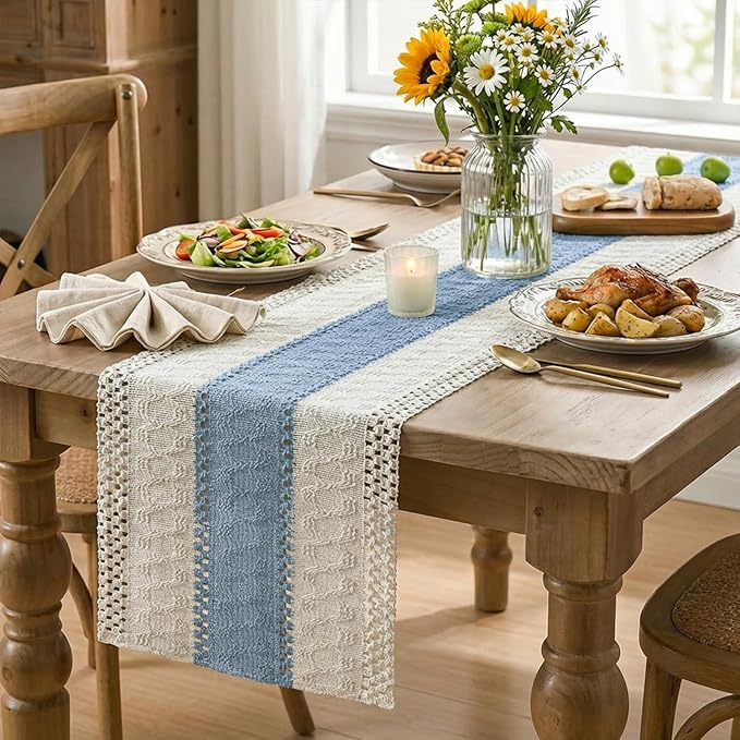 Artoid Mode Sky Blue Farmhouse Rustic Table Runner, Seasonal Holiday Hollow Kitchen Dining Table Decoration for Home Party Decor 12x72 Inch
