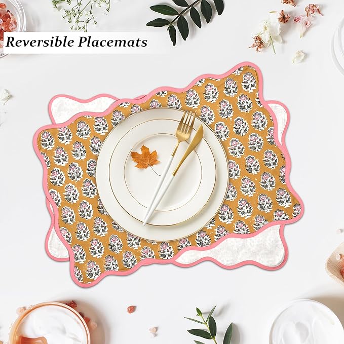 CPC Cotton Placemats Citrine Yellow Set of 4-Hand Block Printed Reversible Placemats, Flower Scalloped & Embroidered Cloth Table Mats - 14 x 20 inch Gift for Spring, Mother's Day