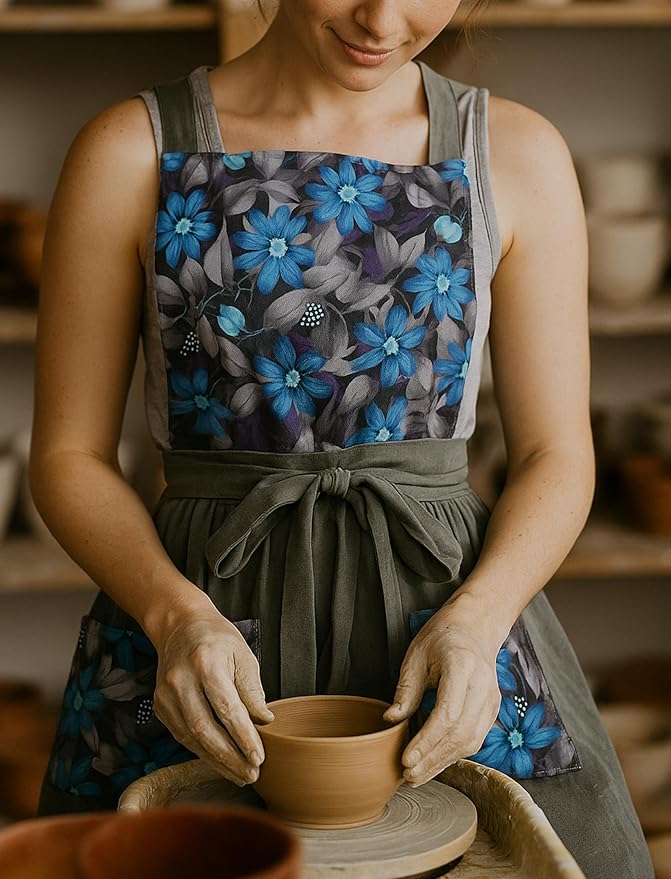 Pinknoke Vintage Pinafore Apron Dress for Women with Pockets Cute Floral Chef Aprons for Kitchen Cooking Baking Gardening