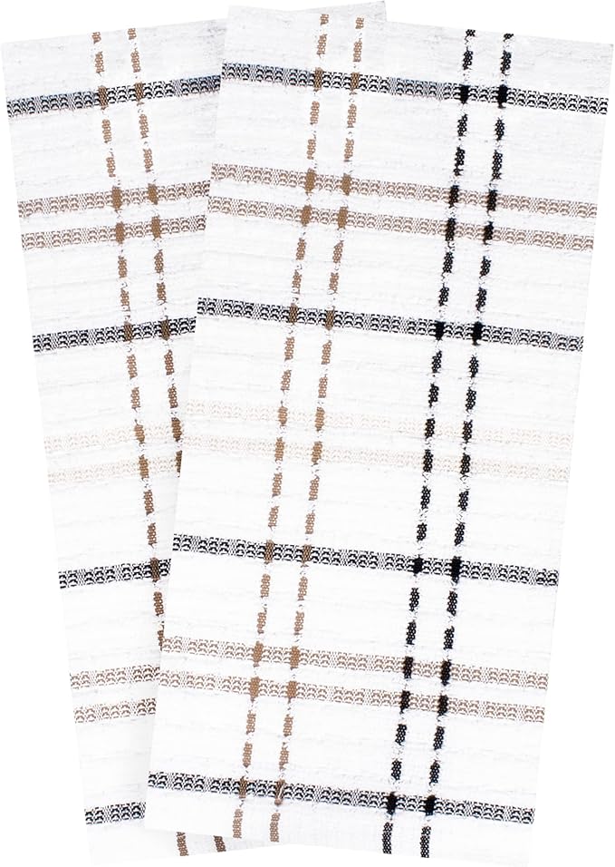 Ritz Royale Collection 100% Combed Terry Cotton, Highly Absorbent, Oversized Checked Kitchen Towel Set, 28" x 18", 2-Pack, Latte Brown