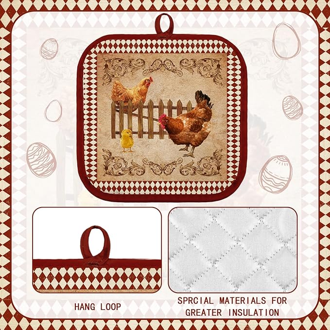 Bencailor 12 Pcs Pot Holders with Pocket Kitchen Hot Potholders Hot Pad Oven Mitts Cookie Bag Oven Gloves for Kitchen Gift Baking Cooking(Brown and Red,Rooster)