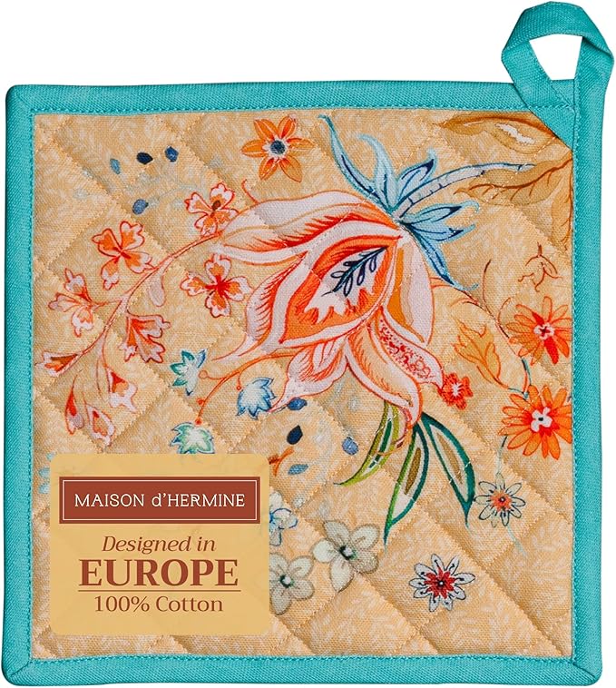 Maison d' Hermine Pot Holders 100% Cotton Heat Resistant Potholders 8" x 8" Hot Pads with Loop BBQ Baking Gifts for Mothers Day Handling Hot Pans Spring/Summer (Pack of 1, Luxury Loft - Peach)