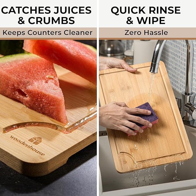 Set of 3 Bamboo Cutting Boards for Kitchen - Thick & Durable Wood Cutting Boards Set with Deep Juice Grooves & Build-in Handles, Large Surface, Easy to Clean – for Meat, Vegetables and Fruits