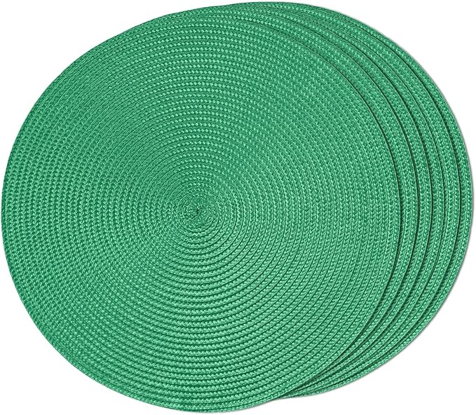 FunWheat Round Braided Placemats Set of 6 Table Mats for Dining Tables Woven Washable Non-Slip Place mats 15 inch(Holly Green, 6pcs)