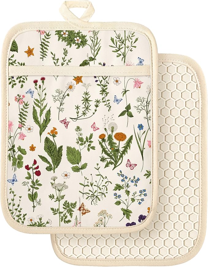 Slohif Silcone Flower Pot Holders for Kitchen - 100% Cotton Beige Cute Retro Oven Potholders with Pockets, Heat Resistant Square Thick Hot Pads, House New Home Baking Baker Gifts,2pack