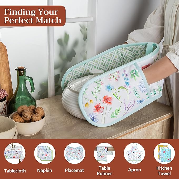Maison d' Hermine Double Oven Mitts 100% Cotton 7"x35" Double Oven Mitt Heat Resistant BBQ Cooking Gloves with Loop Baking Grilling Gifts for Mothers Day Spring Summer (Just Floral)