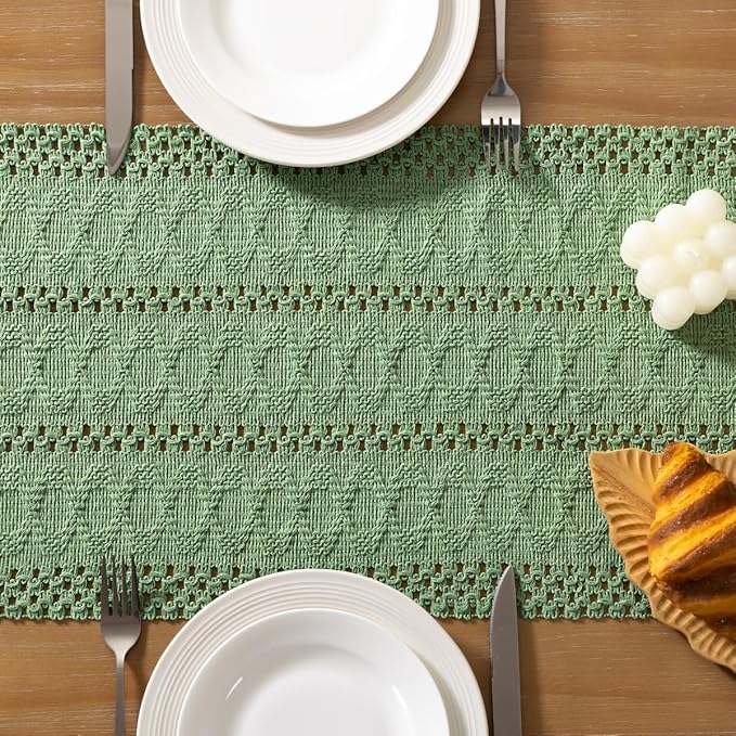 Socomi Sage Green Boho Table Runner Macrame Easter Spring Farmhouse Woven Cotton Linen Rustic Coffee Table Runner with Tassels for Small Dresser Scarf Home Decor Dining Room 12x72 inch