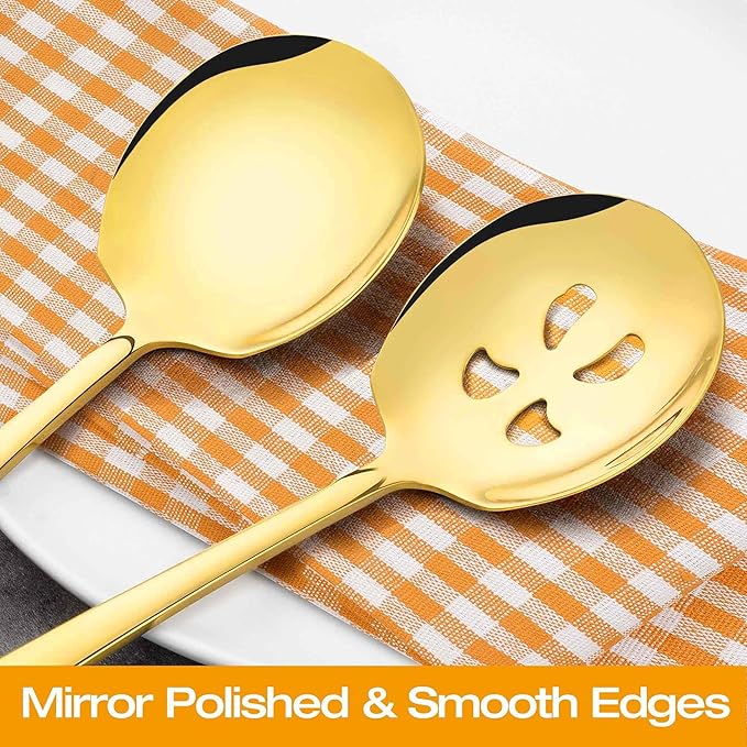 Stainless Steel Serving Spoons Set, 9.2-Inch Large Slotted Spoon x 4, Serving Spoon x 4, Big Serving Utensils Set for Buffet, Parties, Catering (4 Slotted & 4 Solid, Gold)