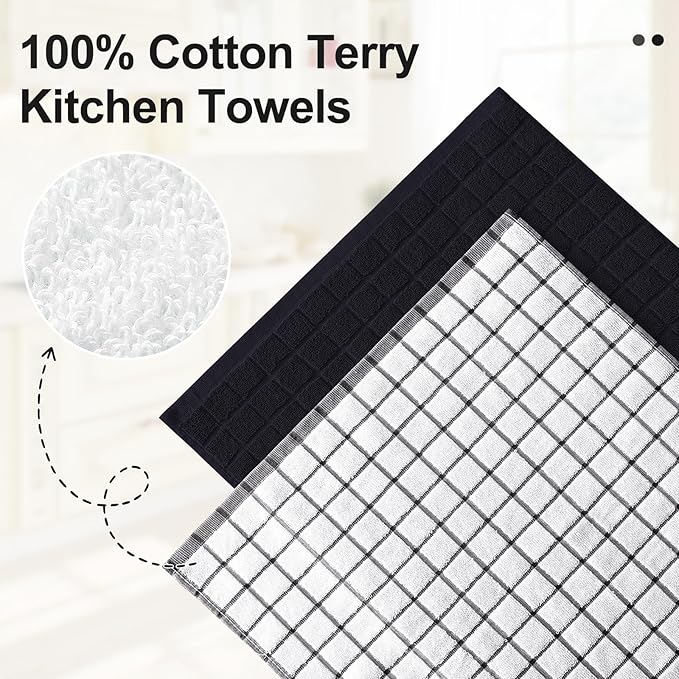 Homaxy Premium Cotton Kitchen Towels 16"x 28", Large Natural Ring Spun 390 GSM Dish Towels, Super Absorbent Terry Kitchen Hand Towels, Soft Tea Towels with Hanging Loop, Black Check Design, 12 Pack