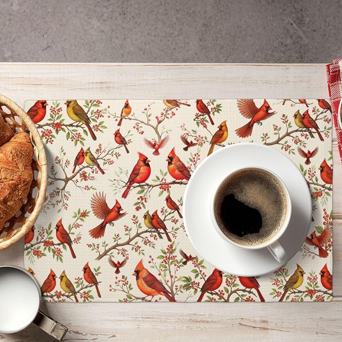 Red Cardinal Linen Placemats Set of 4, Washable Non-Slip Heat-Resistant Bird Berry Printed Table Mats for Kitchen Dining Table, Gift for Bird Lovers, Nature & Christmas Enthusiasts, Kitchen Home Decor