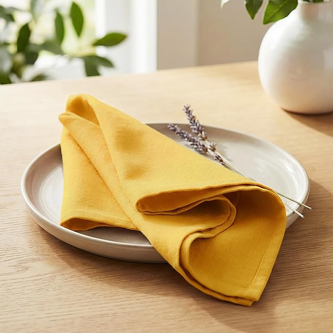 PurpleEssences Set of 12 Cloth Dinner Napkins 100% Cotton 18x18 Inch - Soft Durable Washable - Ideal for Farmhouse Party Spring Easter Summer - Perfect Everyday Use Table Linen - Golden Yellow