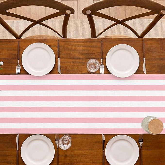 Pink and White Vertical Striped Table Runner Light Pink Birthday Party Decoration Baby Shower Dining Room Home Kitchen Table Decor (Pink, 13" x 108")