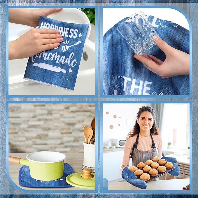 Leinuosen 8 Pcs Kitchen Towels and Oven Mitts Sets Pot Holders Dishcloths Set Kitchen Decorative Accessories Absorbent Potholders Heat Resistant for Chef Baking Cooking
