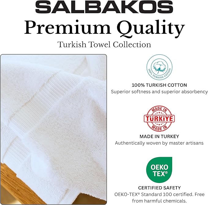 SALBAKOS 12-Piece 100% Turkish Cotton Wash Cloths for Bathroom & Face - Soft 13x13 in Small Towels for Body & Kitchen - Thick, Absorbent Multi-Use Oeko-TEX Certified Washcloths (White, 12 Washcloths)