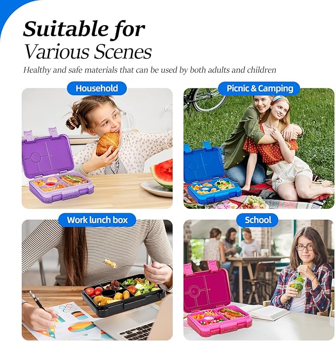 Bento Lunch Box for Kids, 6 Compartments BPA Free, Dishwasher Safe Back to School Snack Bento Lunch Containers Boxes, Ideal Portion Sizes for On-the-Go Meal, Shiny Blue