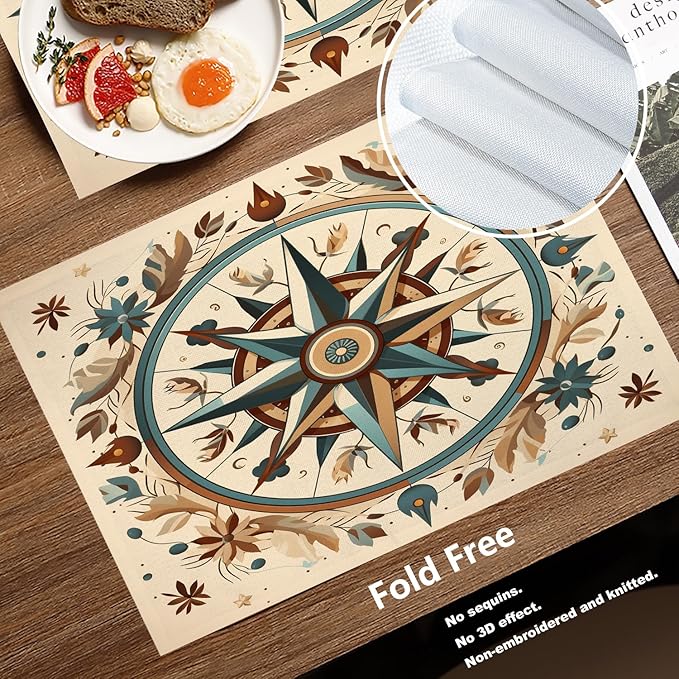 Batmerry Compass Rose Placemats, Floral Themed Design Washable Linen Table Mats for Kitchen Table Double Insulation Decor Dining Set Indoor Outdoor 12X18 in Set of 8