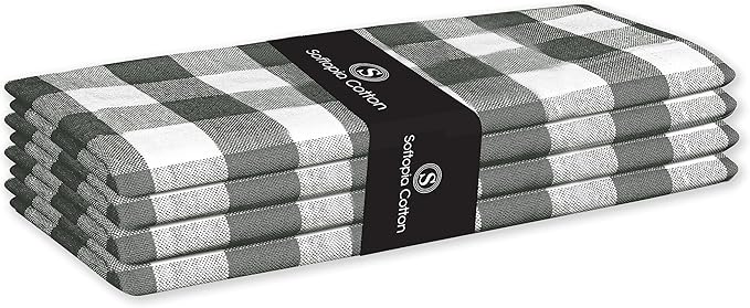 Napkins 100% Cotton Set of 4 Decorative Cloth Napkin Gingham Buffalo Check Plaid Washable Dinner Napkins for Holiday, Dinner, Wedding, Baby Shower & Dining - Grey White (18”X18”)
