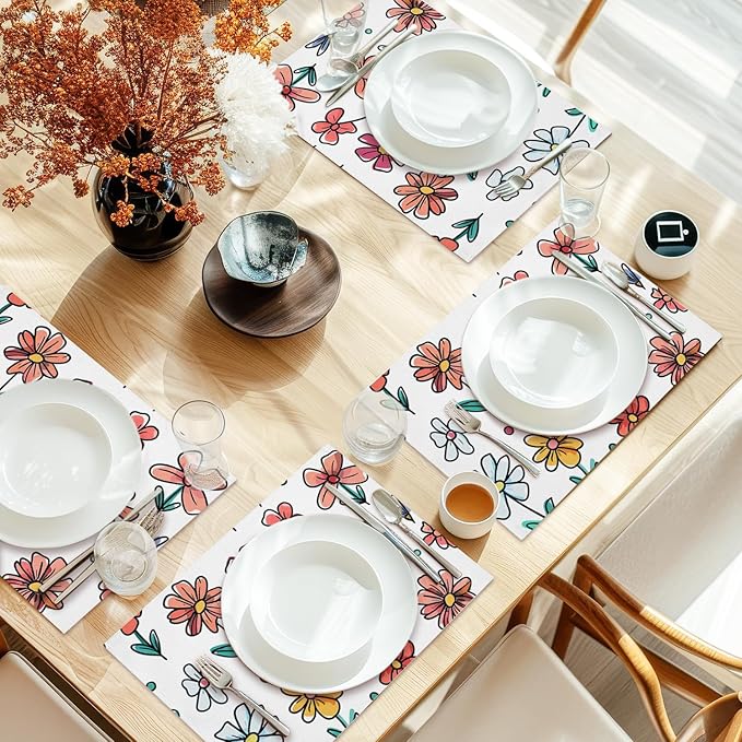 Cotton Linen Waterproof Placemats Set of 4, Cute Flowers Dining Mat Table Mats Decor Fabric for Kitchen Dinner Coffee Shop Table, Indoor/Outdoor Washable Wipeable Placemat -N026