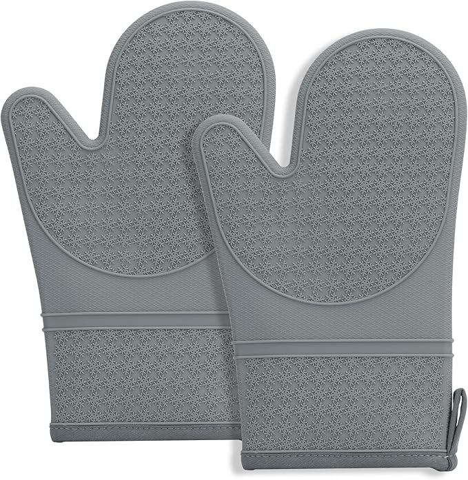 Hovico Silicone Oven Mitts, Heat Resistant 500F Kitchen Mitts 2PCS, 11.6" BPA-Free Soft Baking Gloves, Non-Slip Grip Oven Gloves with Soft Cotton Lining for Kitchen Cooking Baking BBQ - Gray