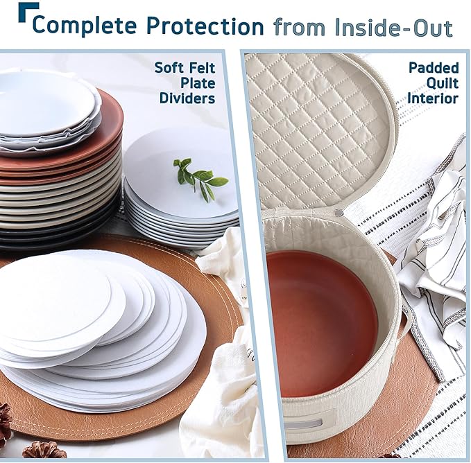 Fine China Storage Containers Hard Shell, 4 Piece Dish Storage Containers, Quilted Plate Containers, Stackable Dish Organizer with Dividers, Dinnerware Storage for Moving and Seasonal Storage, Cream