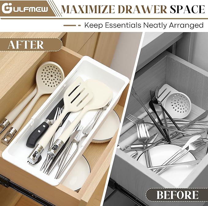 1 Pack Deep Drawer Organizer Bins, Sliding Drawer Organizer Bin Expandable and Adjustable Tray for Kitchen Utensils, Towels, BBQ Tools, Durable Plastic Sliding for Easy Storage (17.4-27.6")