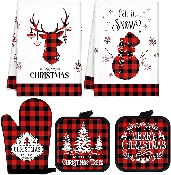 Peryiter 5 Pcs 4th of July Kitchen Towels Pot Holders and Oven Mitt Set Patriotic Retro 2 Dish Towels 2 Square Potholders 1 Heat Resistant Glove for Cooking Baking Gifting Home (Red and Black Plaid)