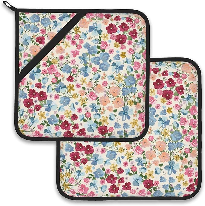 Wild Flowers Floral Meadow Pot Holder Set of 2,Heat Resistant Potholders Oven Hot Pads for Kitchen Cooking Baking BBQ