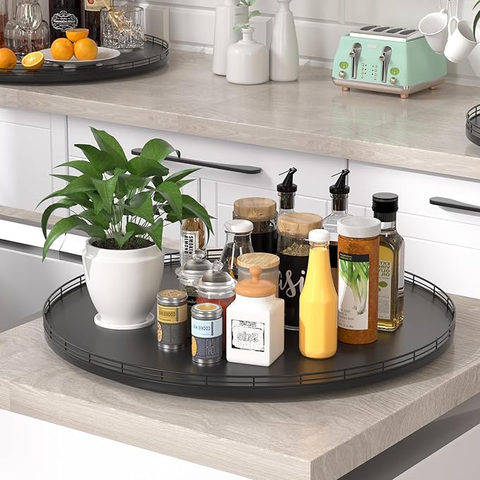Oroyutor 24" Oak Wooden Lazy Susan Turntable for Dining Table, Extra Large Round Lazy Susans Organizer for Kitchen Countertop Charcuterie Boards Cheese Board Organization and Storage Black Home Decor
