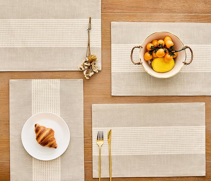 Wracra Linen Placemats, 12 x 18 Inch Set of 6 Placemats, Farmhouse Macrame Place Mats for Kitchen Table and Heat Resistant-Hemstitch Light Coffee 6PCS