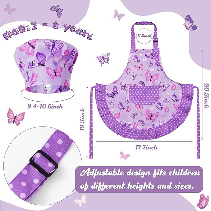 R HORSE Kid Apron and Chef Hat Set - 2Pcs Purple Butterfly Toddler Kitchen Apron for Girls, Adjustable Role Play Costume Pretend Play Toy for Cooking Baking Painting Birthday Gift for Kids Ages 3-6