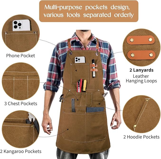 Work Aprons for Men Women with 9 Pockets Chef Apron 14oz Cotton Canvas Cross Back Aprons Heavy Duty Apron Brown Tool Apron for Woodworkers Kitchen Cooking Apron Waterproof Apron Size M to XXL